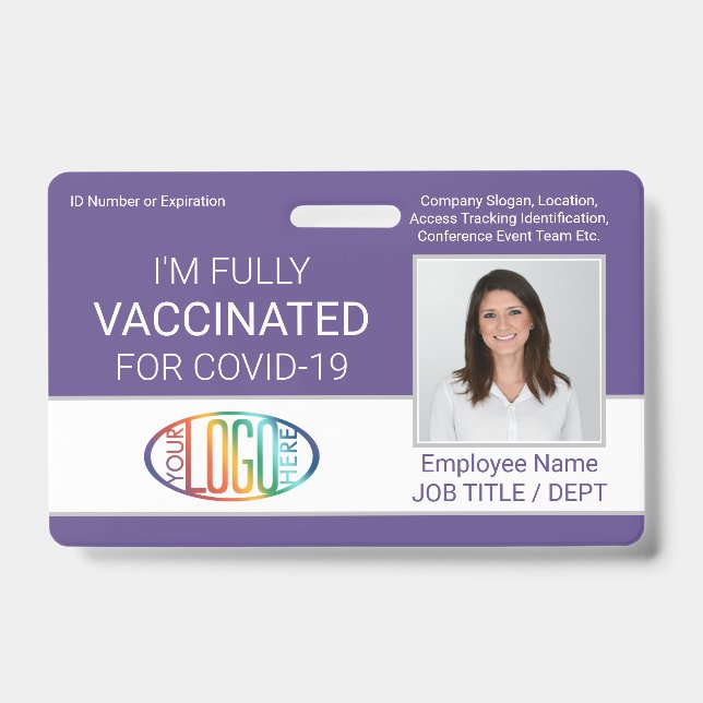 QR Code Logo Photo Employee ID Vaccine Pass Purple Badge (Front)