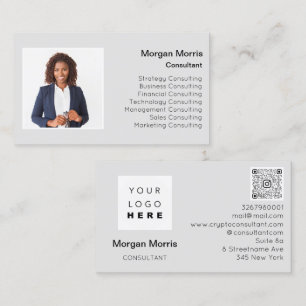 QR Code Logo Photo Professional Company Grey Business Card