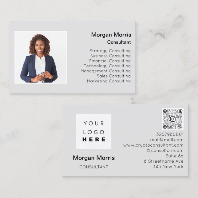 QR Code Logo Photo Professional Company Grey Business Card (Front/Back)