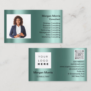 QR Code Logo Photo Professional Company Teal Business Card