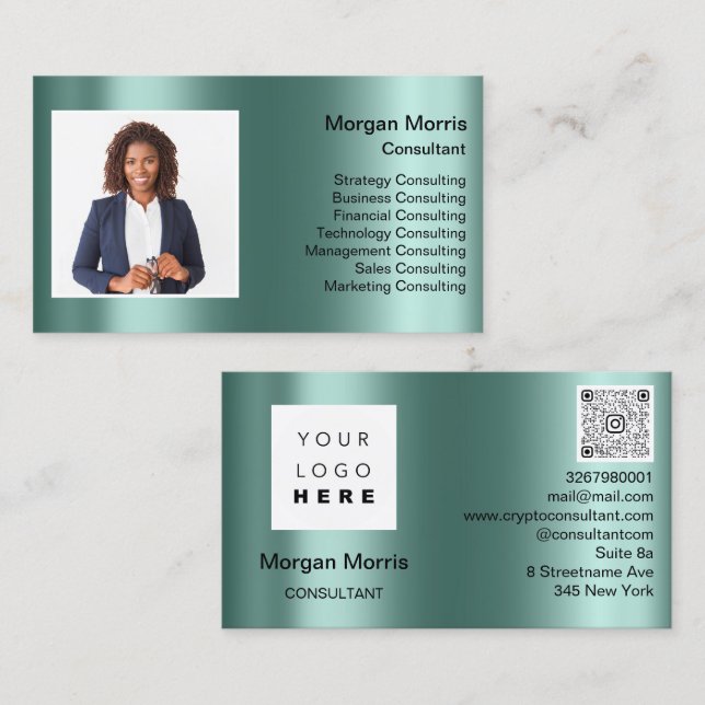 QR Code Logo Photo Professional Company Teal Business Card (Front/Back)