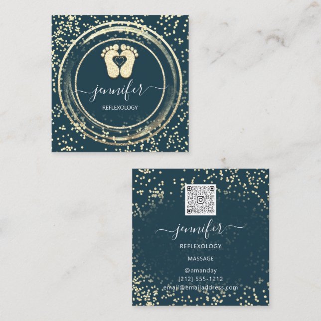 QR Code Logo Reflexology Foot Massage Feet Teal Square Business Card (Front/Back)