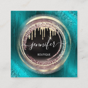 QR Code Logo Shop Black Gold Drips Rose Teal Square Business Card