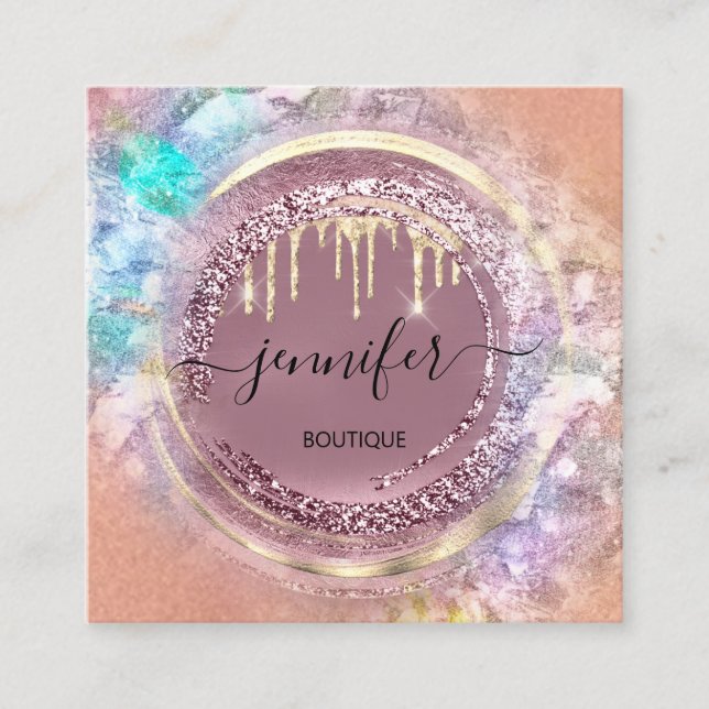 QR Code Logo Shop Geometry Gold Rose Drips Square Business Card (Front)