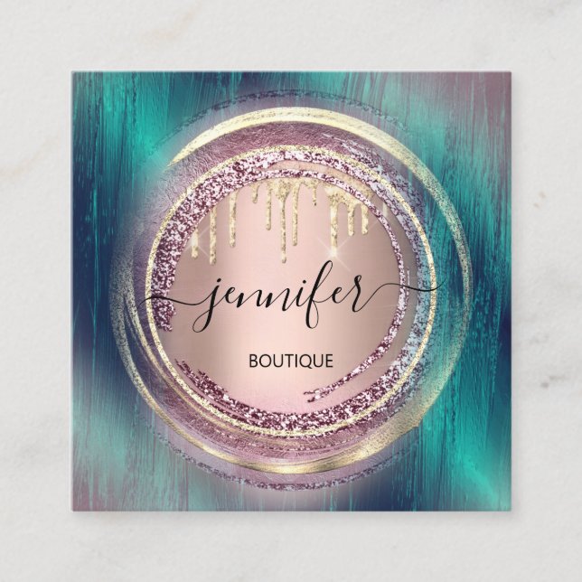 QR Code Logo Shop Green Rose Gold Drips Circles Square Business Card (Front)