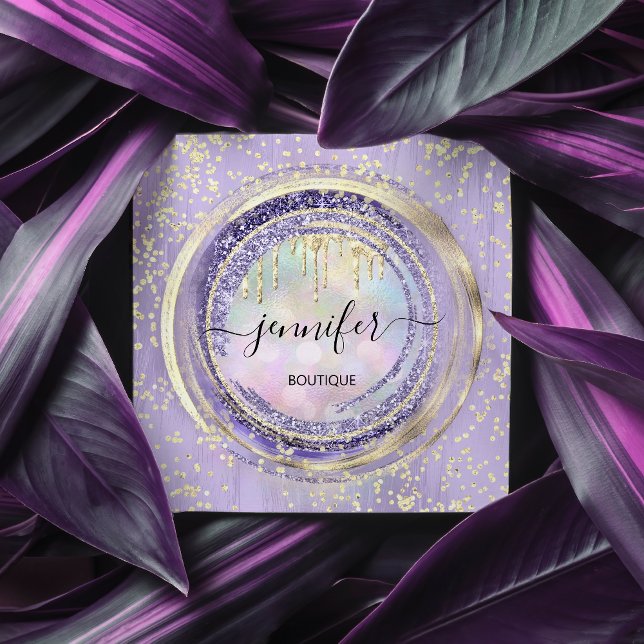 QR Code Logo Shop Purple Gold Drips Holographic Square Business Card (Creator Uploaded)