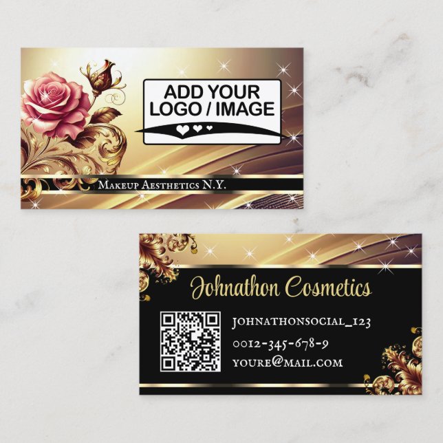 QR Code Logo Template Deluxe Gold Rose Luxury Chic Business Card (Front/Back)