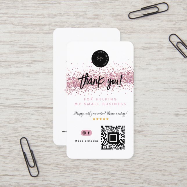 QR Code & Logo Thank You Rose Gold Glitter Business Card (Front/Back In Situ)