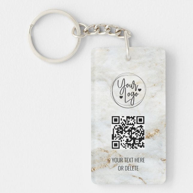 QR Code Logo White Gold Marble Business Key Ring (Front)