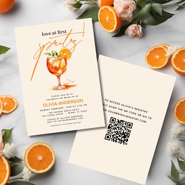 QR Code Love at First Spritz Orange Bridal Shower  Invitation (Creator Uploaded)