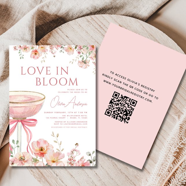 QR Code Love in Bloom Champagne Bow Bridal Shower Invitation (Creator Uploaded)