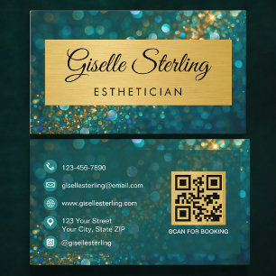 QR Code Luxury Aesthetician Gold Teal Glitter Business Card