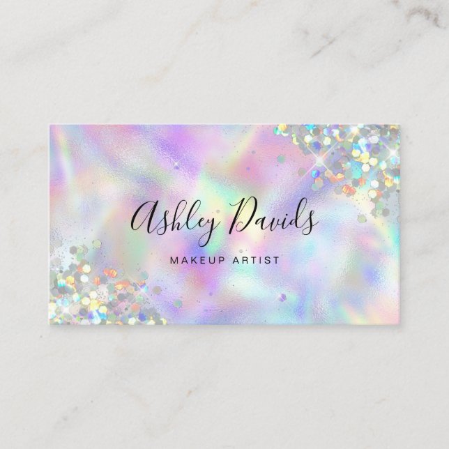 QR Code Luxury Holographic Glitter Makeup Artist Business Card (Front)