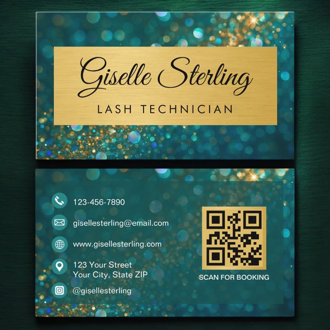 QR Code Luxury Lash Technician Gold Teal Glitter  Business Card (Creator Uploaded)