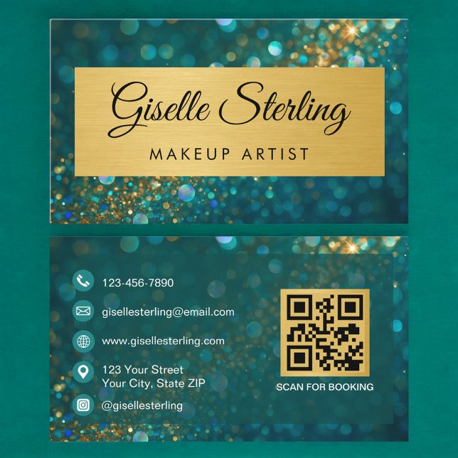 QR Code Luxury Makeup Artist Gold Teal Glitter  Business Card (Creator Uploaded)