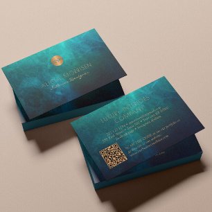 QR code luxury watercolor green gold monogrammed Business Card