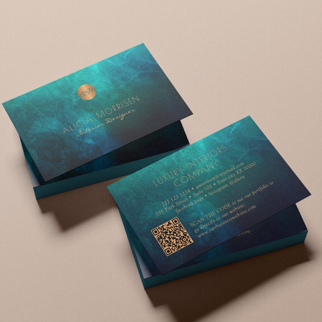QR code luxury watercolor green gold monogrammed Business Card (Creator Uploaded)