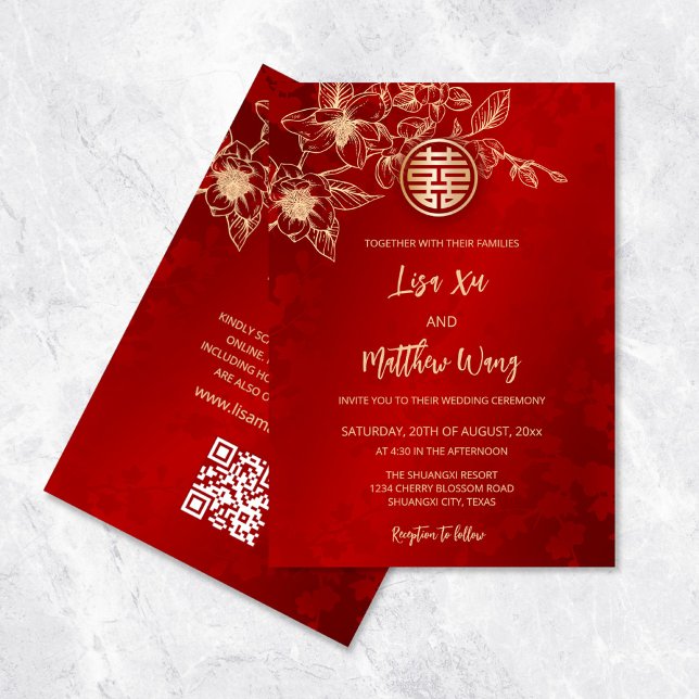 QR Code | Magnolia Gold Red Chinese Wedding Invitation (Creator Uploaded)