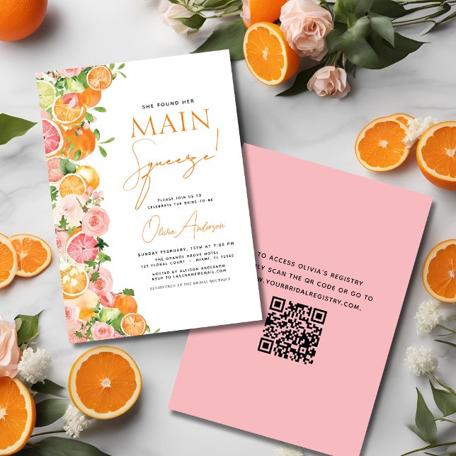QR Code Main Squeeze Citrus Bridal Shower Orange Invitation (Creator Uploaded)