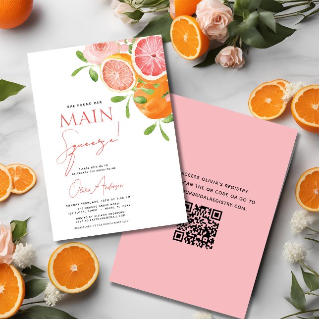 QR Code Main Squeeze Citrus Bridal Shower Orange Invitation (Creator Uploaded)