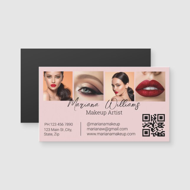 qr code makeup artist 4 photo pink business magnet (Front/Back)