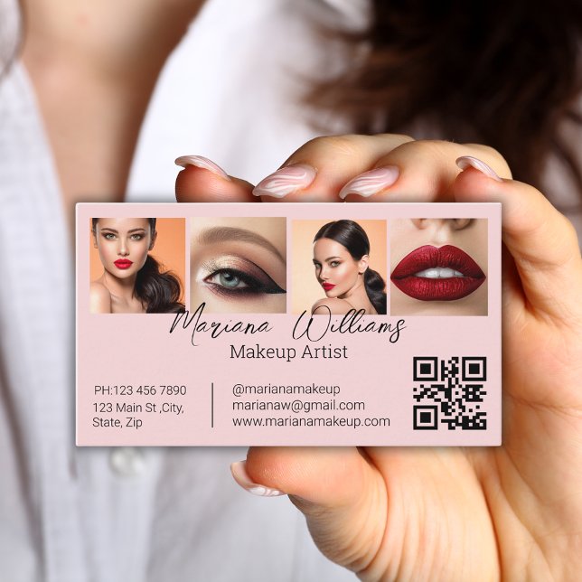 qr code makeup artist 4 photos collage pink business card (Creator Uploaded)