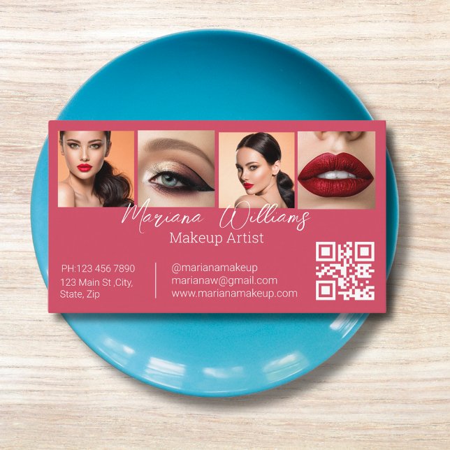 qr code makeup artist 4 photos collage red business card (Creator Uploaded)