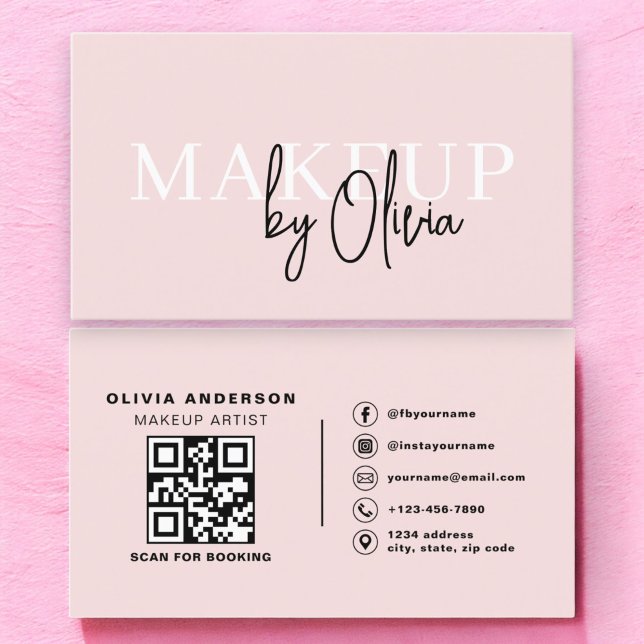 QR Code Makeup Artist Blush Pink Social Media Business Card (Creator Uploaded)