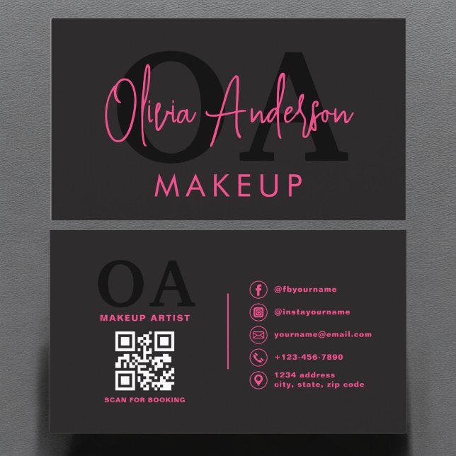 QR Code Makeup Artist Hot Pink Black Social Media Business Card (Creator Uploaded)