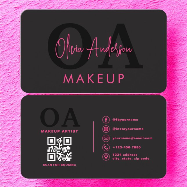 QR Code Makeup Artist Hot Pink Black Social Media Business Card (Creator Uploaded)