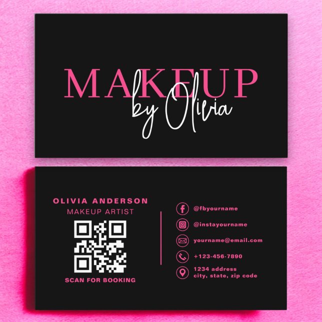 QR Code Makeup Artist Hot Pink Social Media Business Card (Creator Uploaded)