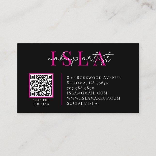 QR Code Makeup Artist Pink Black Business Card (Front)