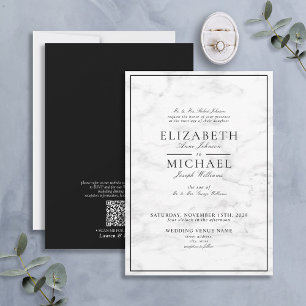 QR Code Marble Black White Classic Script Wedding Invitation
