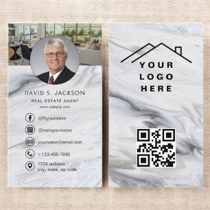 QR Code Marble Real Estate Agent Photo Logo Business Card
