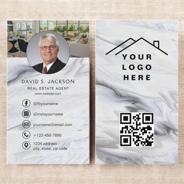 QR Code Marble Real Estate Agent Photo Logo Business Card (Creator Uploaded)