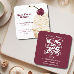 QR Code Maroon White Cupcake Bakery Square  Square Business Card