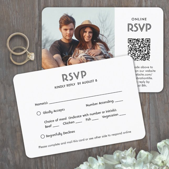 QR Code & Meal Options Chic Simple Photo Wedding RSVP Card (Creator Uploaded)