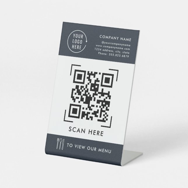 QR Code Menu | Business Logo Contactless  Pedestal Sign (Front)