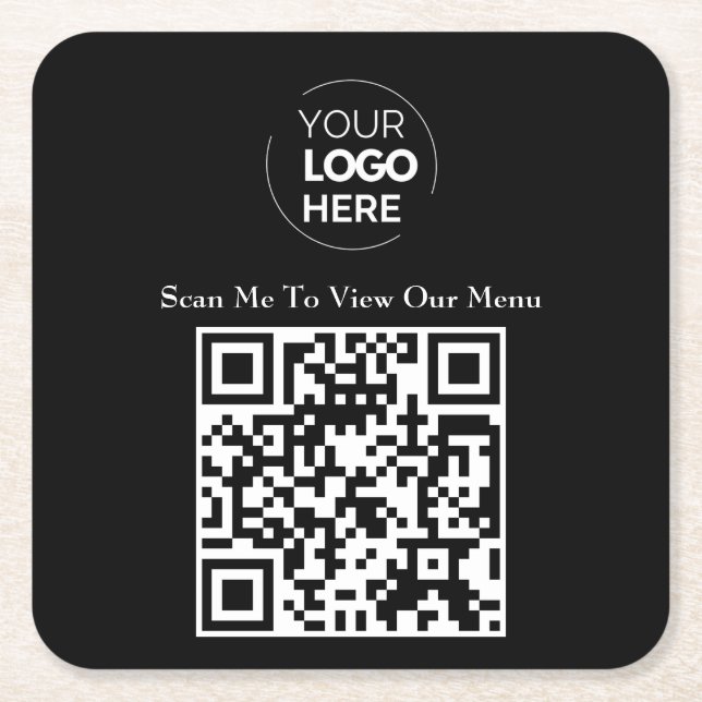 QR Code Menu | Logo Black Contactless Modern Square Paper Coaster (Front)