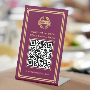 QR Code Menu Logo Contactless Classic Plum Gold Pedestal Sign