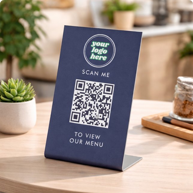 QR Code Menu | Logo  Navy Contactless Modern Pedestal Sign (QR Code Black Menu Logo Contactless Modern Cafe Pedestal Sign)