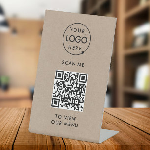 QR Code Menu Logo Rustic Kraft Contactless Pedestal Sign