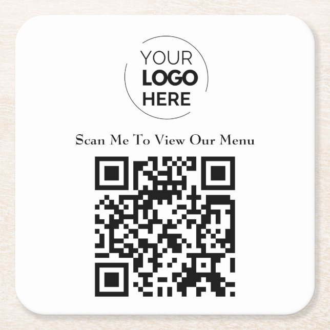 QR Code Menu | Logo White Contactless Modern Square Paper Coaster (Front)