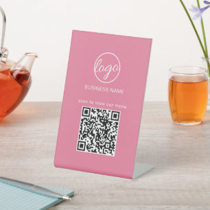 QR Code Menu Restaurant Business Logo Pink Pedestal Sign