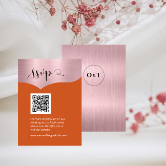 QR Code Metallic Rose Gold Orange Wedding RSVP Enclosure Card