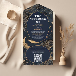 QR Code Midnight Blue Gold Celestial Wedding All In One Invitation