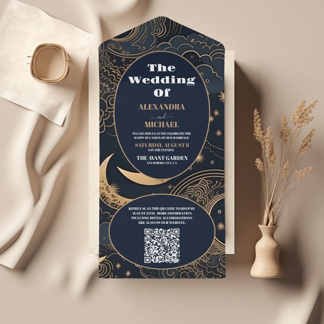 QR Code Midnight Blue Gold Celestial Wedding All In One Invitation (Creator Uploaded)