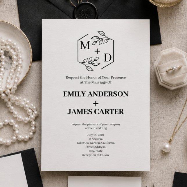 QR Code Minimal Botanical Monogram Wedding  Invitation (black and white monogram elegant wedding invitation)