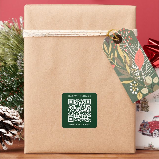 QR Code Minimal Happy Holidays Business Green Square Sticker (Holiday)