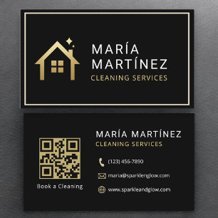 QR Code Minimalist Black Gold Cleaning Services Business Card